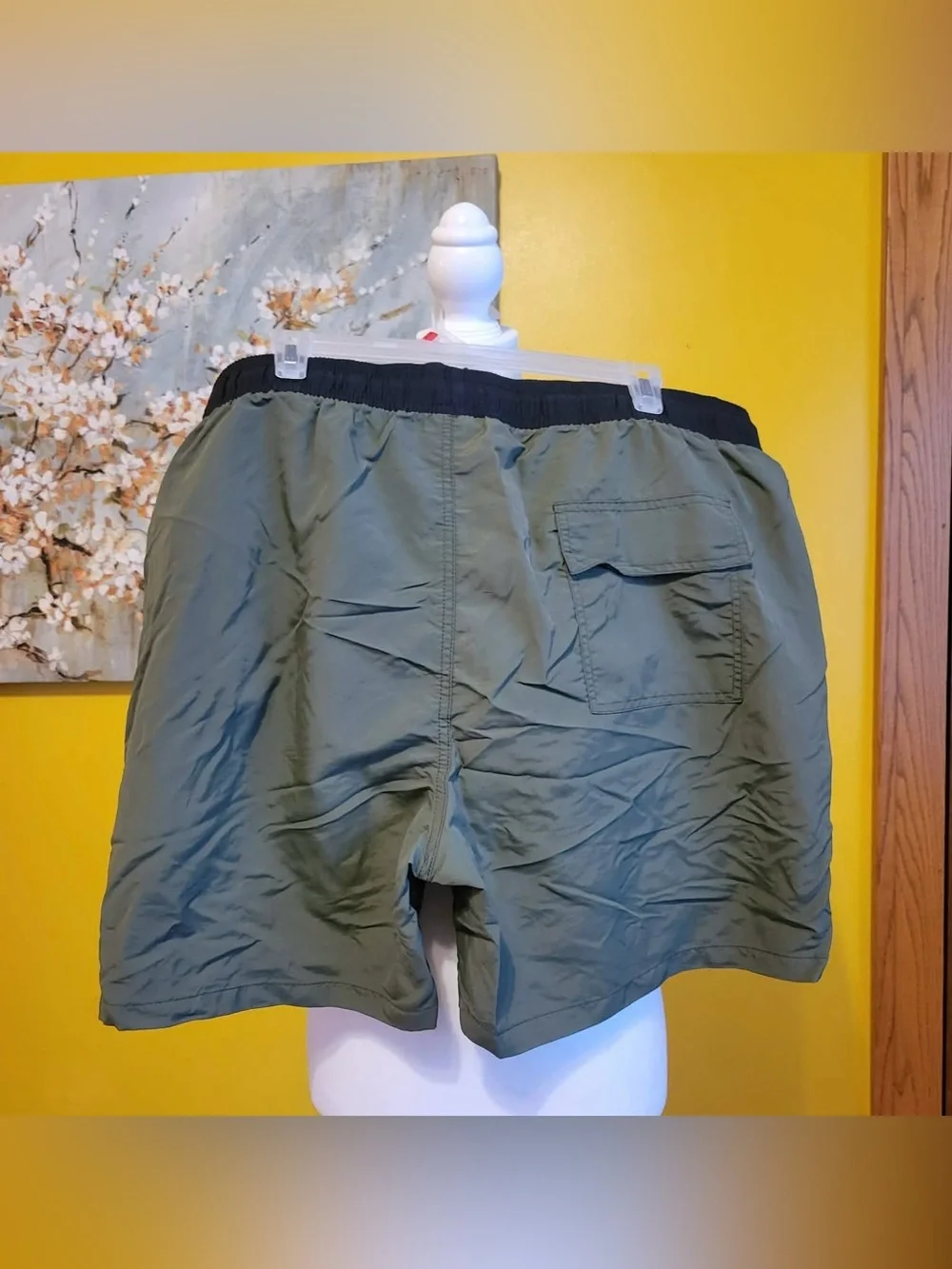 Men's Olive Green Swim Trunks with Black Waistband